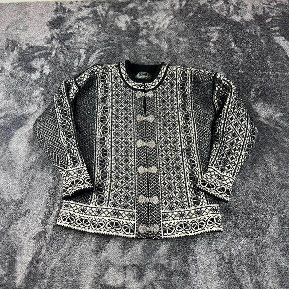 Kaare Gjose Made In Norway Pure New Wool Black White Cardigan Sweater S *Read - Picture 1 of 10